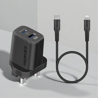 Promate 25W Ultra-Fast Dual Port Wall Charger with USB-C + Lightning 120cm Charging Cable | Qualcomm QC 3.0 | PD Fast Charging | 2-in-1 Charging Kit for iPhone, iPad, Samsung & More