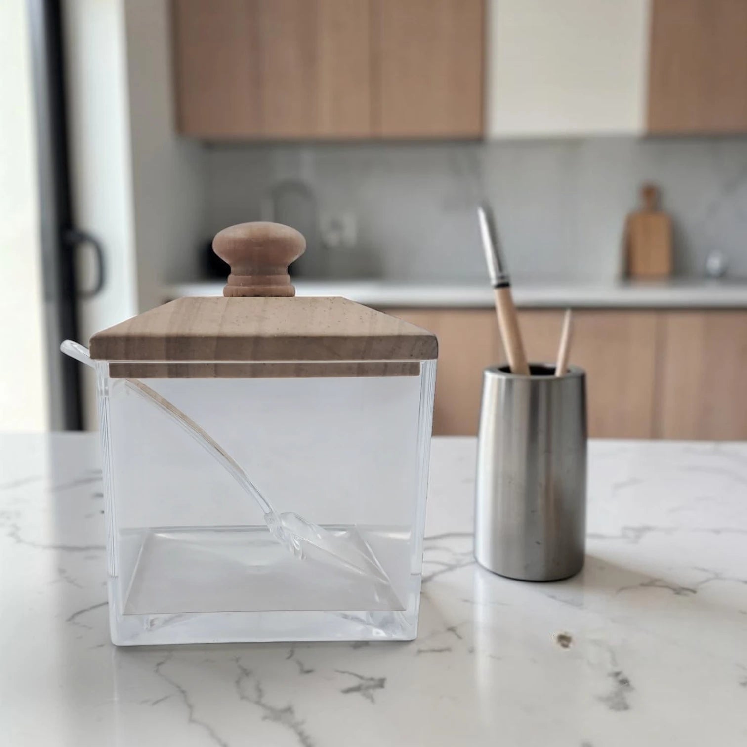 Acrylic Sugar Bowl with Wooden Lid & Spoon, Clear Kitchen Storage Container (11H x 9L x 9W CM), Multipurpose Condiment Jar - Damoo