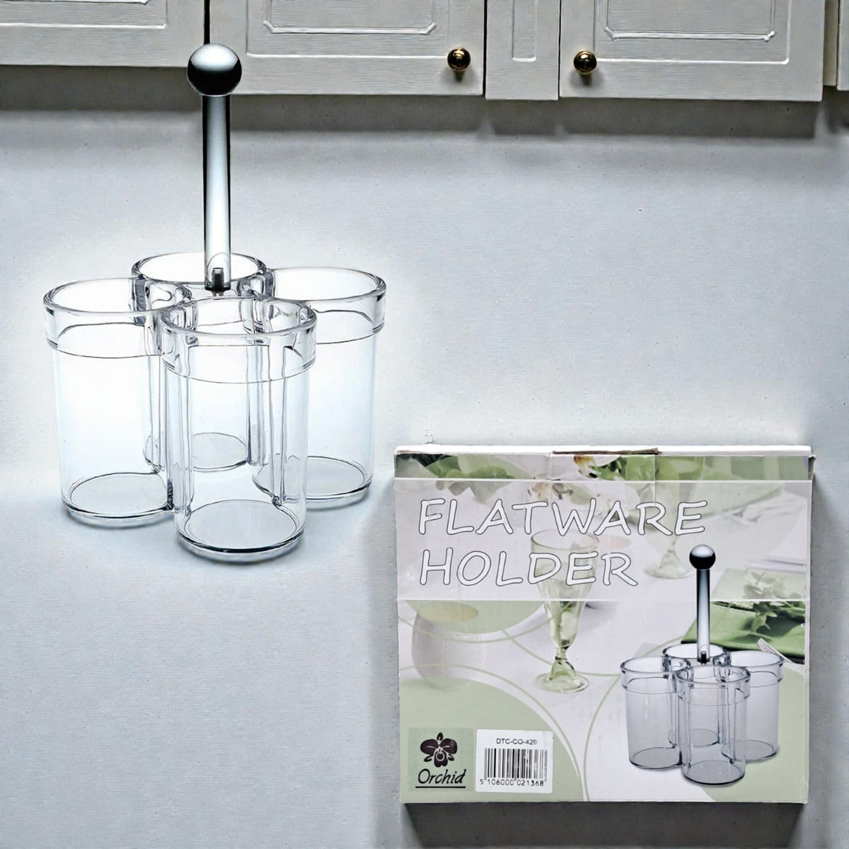 Orchid 4-Compartment Clear Acrylic Utensil Holder – Kitchen Cutlery Organizer with Handle for Countertop & Dining Table (26H x 16L × 16W CM) - Damoo