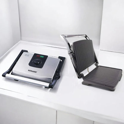 Sonashi 4 Slice Contact Grill Maker – 2000W Electric Grill with Adjustable Temperature, Non-Stick Plates, Drip Tray, Cool-Touch Handle & Stainless Steel Top Cover – Ideal for Sandwiches, Paninis, Meats & More SGT-854 - Damoo