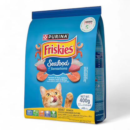 FRISKIES Seafood Sensations Adult Cat Dry Food – Tuna, Salmon, Whitefish, Crab & Shrimp Flavours | 1kg Packet | No Artificial Colours or Preservatives - Damoo