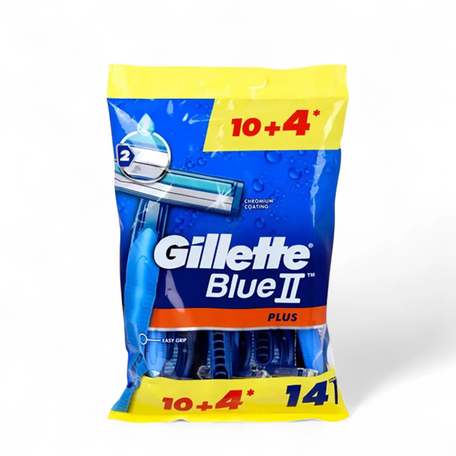 Gillette Blue II Plus Men’s Disposable Razors – 2 Chromium-Coated Blades, Lubrastrip with Aloe & Vitamin E, Soft Grip Handle – Pack of 14 (10+4 Free) - Damoo