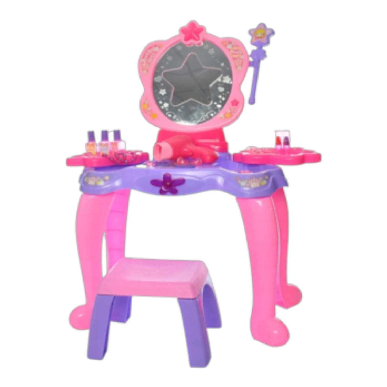 Princess Dressing Table Play Set with Chair, Mirror, Hair Dryer & Cosmetic Accessories – Battery Operated Light & Sound Effects | Interactive Pretend Play Toy for Kids