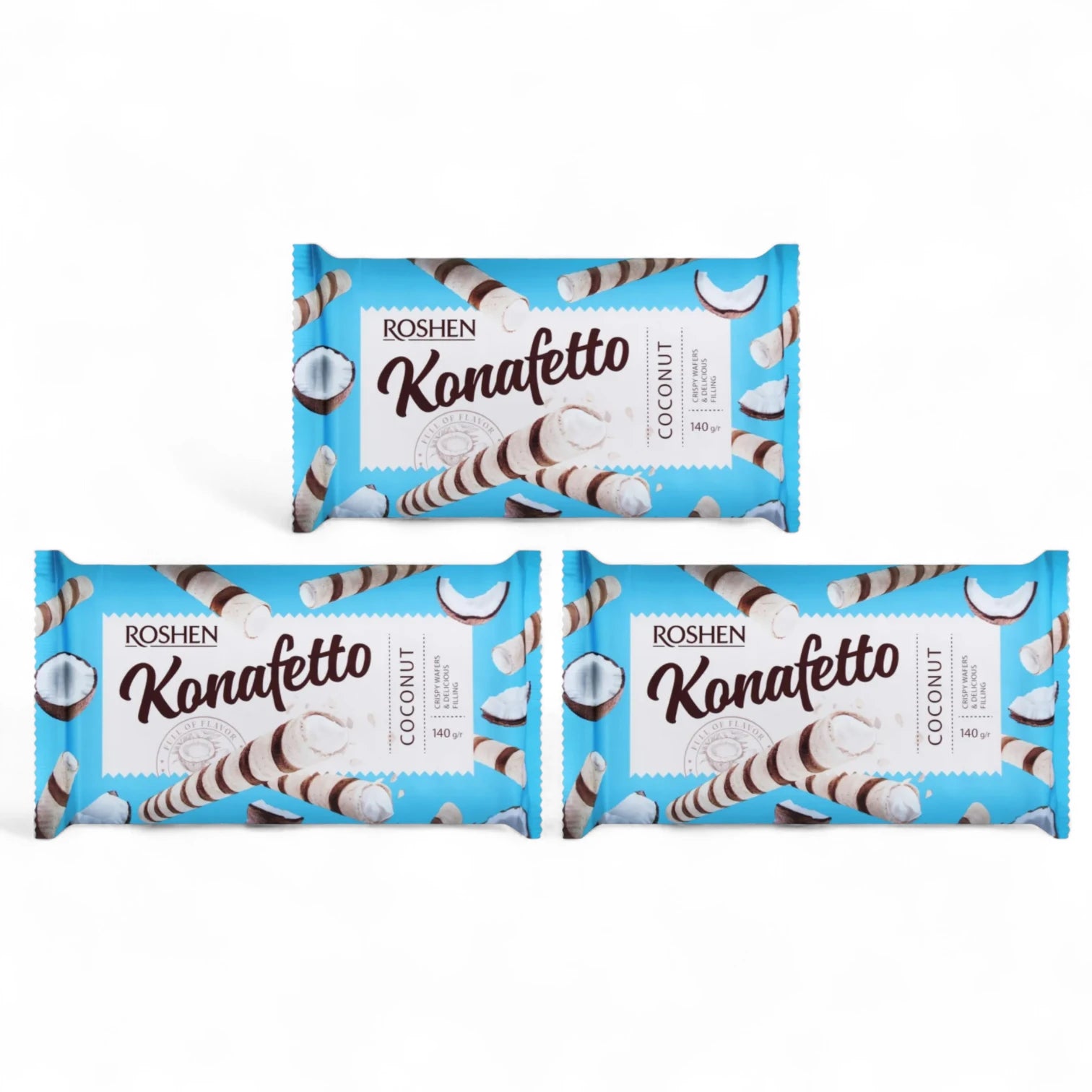 Roshen Konafetto Wafer Rolls with Coconut Cream Filling – 3X140g | Crispy Rolled Wafers with Exotic Coconut Flavor | Sweet Snack from Ukraine - Damoo
