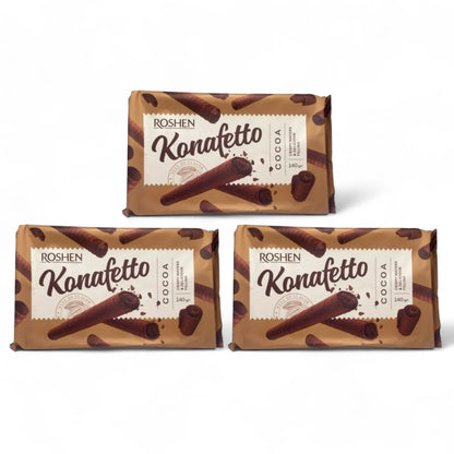 Roshen Konafetto Wafer Rolls with Cocoa Cream – 3X140g | Crispy Rolled Wafers with Cocoa-Flavored Cream | Sweet Snack or Dessert Treat - Damoo