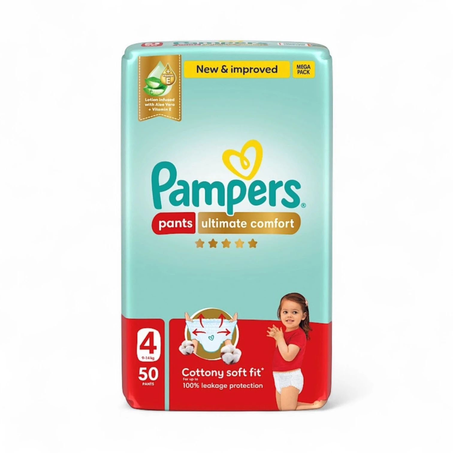 Pampers Premium Care Pants Diapers – Size 4 (9–14kg), 50 Count Mega Pack | Aloe Vera & Vitamin E | Soft Fit & 100% Leakage Protection - Damoo