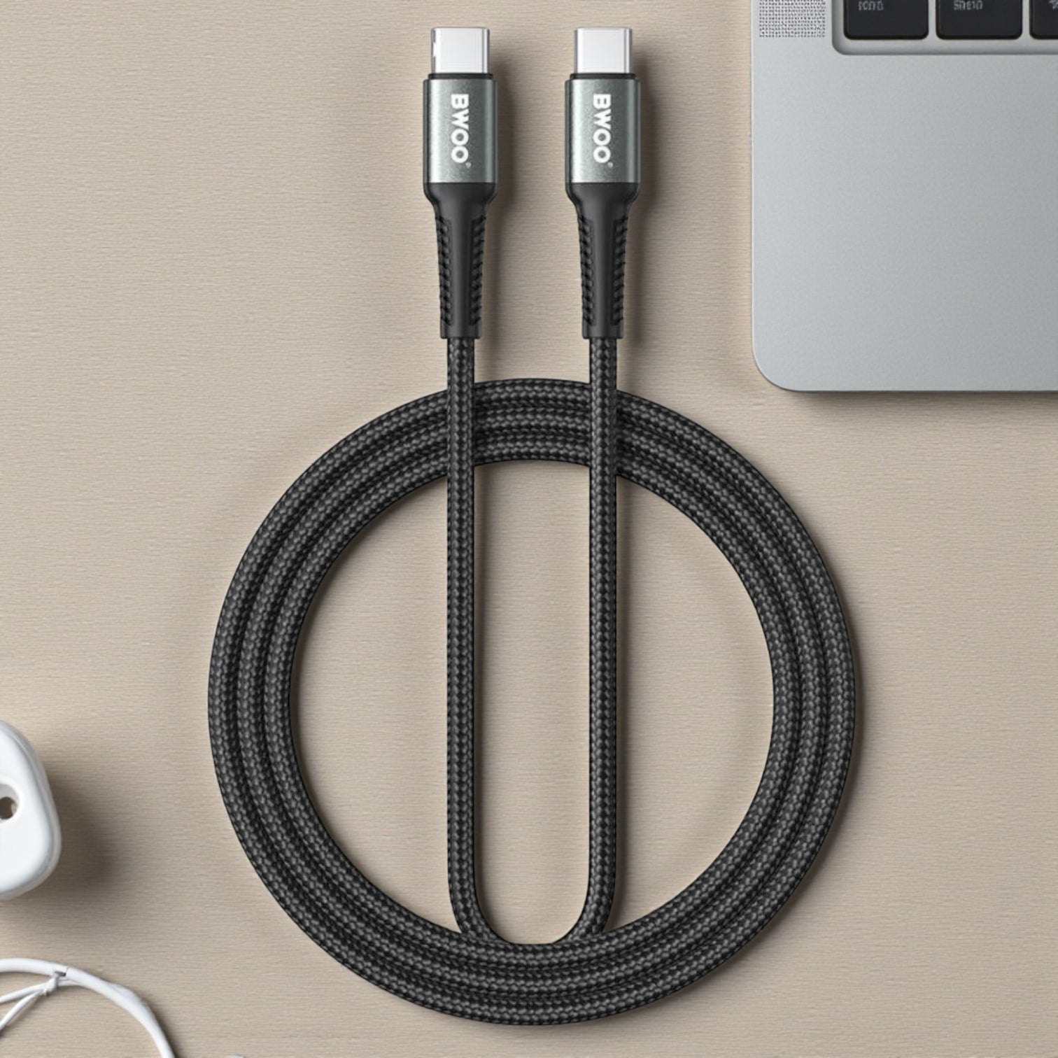 كابل شحن ونقل بيانات سريع من BWOO USB-A إلى Lightning بطول 2 متر - نايلون مضفر 2.4 أمبير عالي السرعة مع موصلات من سبائك الألومنيوم لأجهزة iPhone وiPad - أسود (BO-X288L-2M)