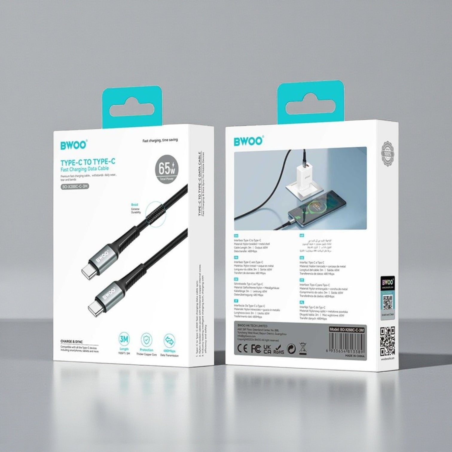 كابل شحن ونقل بيانات سريع من BWOO USB-A إلى Lightning بطول 2 متر - نايلون مضفر 2.4 أمبير عالي السرعة مع موصلات من سبائك الألومنيوم لأجهزة iPhone وiPad - أسود (BO-X288L-2M)