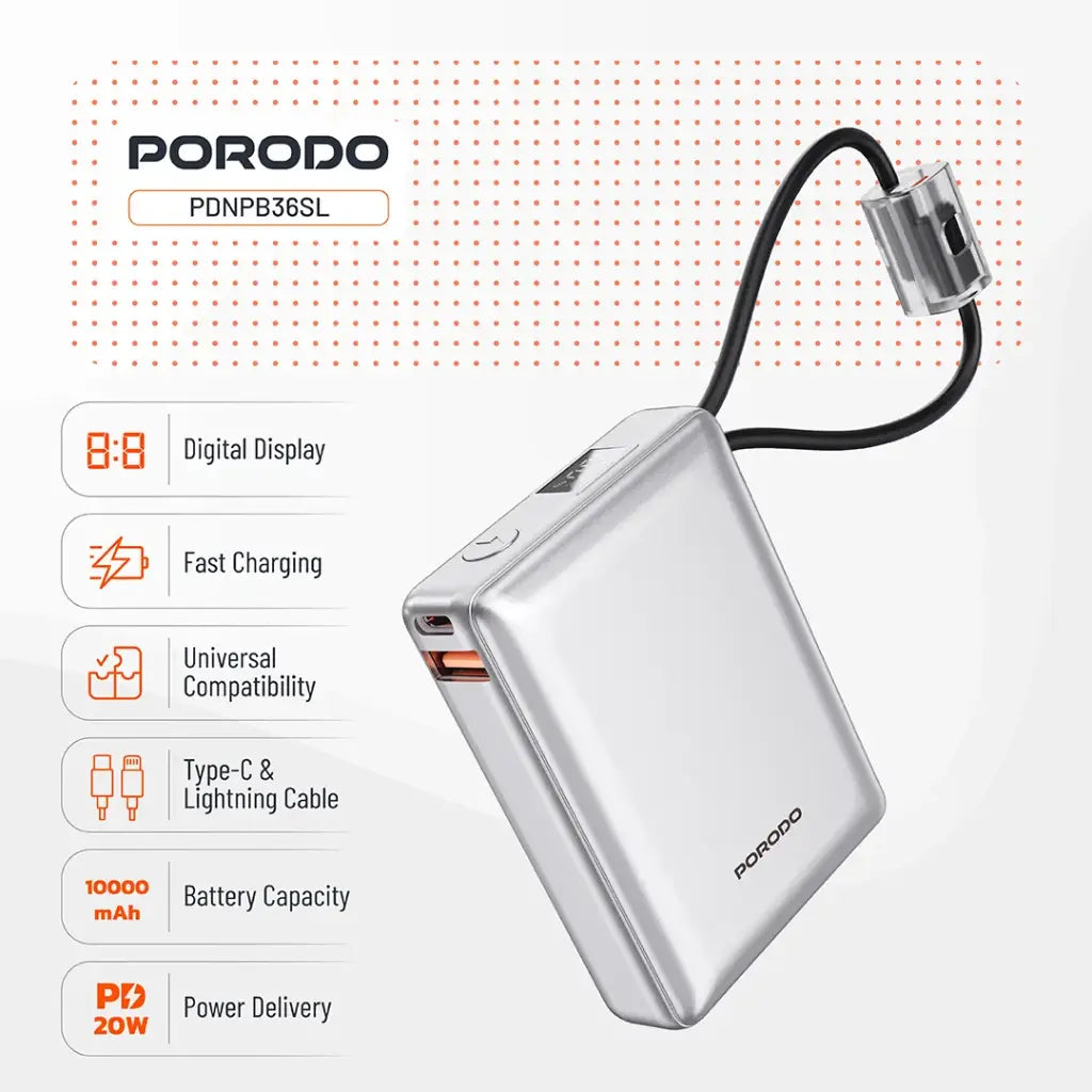PORODO PETITE 10000mAh Power Bank – PD 20W Portable Charger with Integrated Type-C and Lightning Cables, Silver/Gray