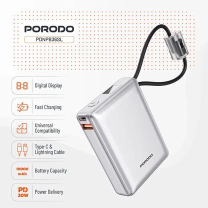 PORODO PETITE 10000mAh Power Bank – PD 20W Portable Charger with Integrated Type-C and Lightning Cables, Silver/Gray