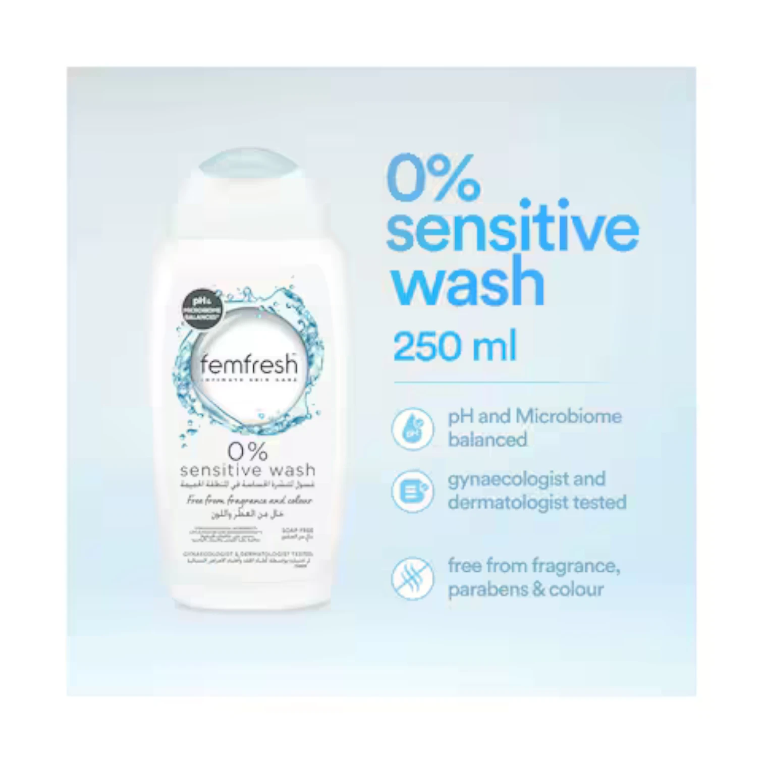 Femfresh Intimate 0% Sensitive Wash for Women, pH-Balanced, Soap-Free, Vegan, with Lotus Flower Extract for Gentle Daily Cleansing, 94% Natural Ingredients – 250ml - Damoo