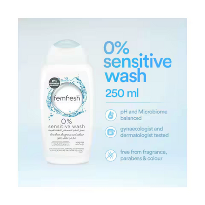 Femfresh Intimate 0% Sensitive Wash for Women, pH-Balanced, Soap-Free, Vegan, with Lotus Flower Extract for Gentle Daily Cleansing, 94% Natural Ingredients – 250ml - Damoo