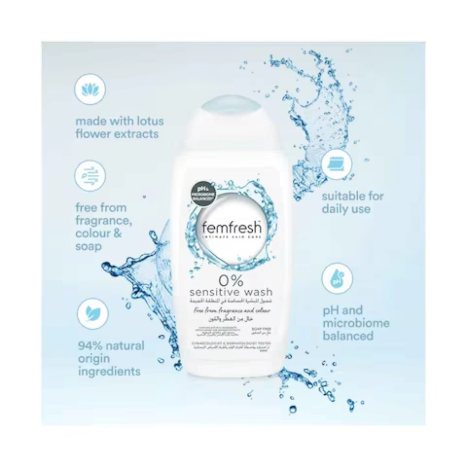 Femfresh Intimate 0% Sensitive Wash for Women, pH-Balanced, Soap-Free, Vegan, with Lotus Flower Extract for Gentle Daily Cleansing, 94% Natural Ingredients – 250ml - Damoo