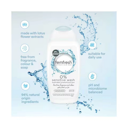 Femfresh Intimate 0% Sensitive Wash for Women, pH-Balanced, Soap-Free, Vegan, with Lotus Flower Extract for Gentle Daily Cleansing, 94% Natural Ingredients – 250ml - Damoo