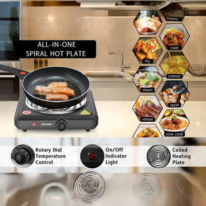 Sonashi Single Spiral Hot Plate – 1500W Portable Electric Cooker with 150mm Plate Diameter, Adjustable Temperature Control, Auto Thermostat, Non-Slip Feet, Indicator Light – Ideal for Home, Office, Dorm, Camping, Black - SHP-609CN - Damoo