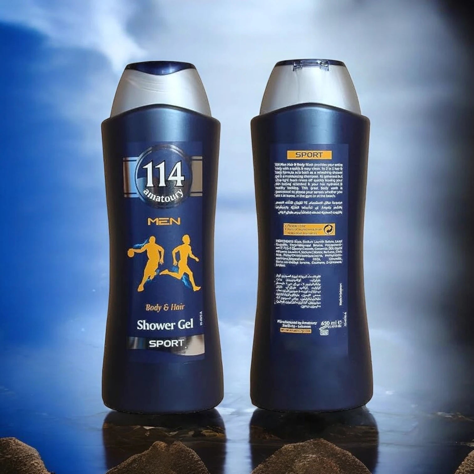 114 Amatoury Men Sport Shower Gel & Hair Wash 650ml – Energizing Citrus, Sandalwood & Patchouli Scent - Paraben-Free 2-in-1 Body & Hair Cleanser for Men - Damoo