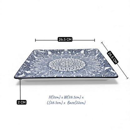 Ceramic Square Plate 26.5 x 26.5 cm | Blue Arabesque Pattern | Premium Glazed Stoneware Serving Plate | Dishwasher & Microwave Safe | Two Designs – Light Blue / Dark Blue