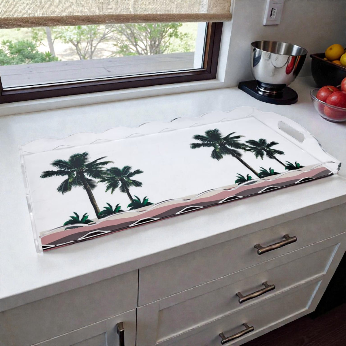 Damoo Palm Acrylic Serving Tray with Handles – Tropical Palm Design Decorative Multipurpose Tray for Serving, Dining & Home Décor (4H x 45.5L × 24W CM) - Damoo