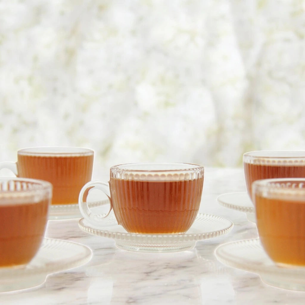 12-Piece Glass Tea Cup and Saucer Set – Delicate Ribbed Texture and Smooth Curves – Perfect for Tea Lovers, Home Gatherings, and Memorable Gifts - Damoo