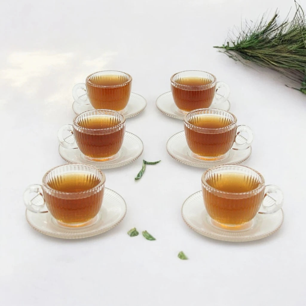12-Piece Glass Tea Cup and Saucer Set – Delicate Ribbed Texture and Smooth Curves – Perfect for Tea Lovers, Home Gatherings, and Memorable Gifts - Damoo