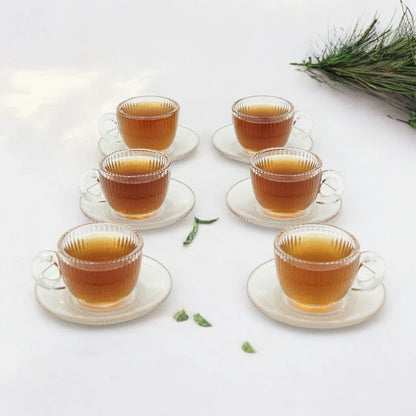 12-Piece Glass Tea Cup and Saucer Set – Delicate Ribbed Texture and Smooth Curves – Perfect for Tea Lovers, Home Gatherings, and Memorable Gifts - Damoo
