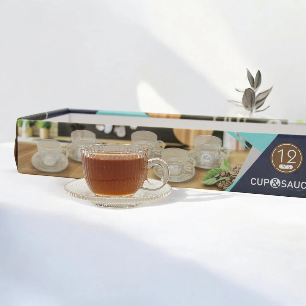 12-Piece Glass Tea Cup and Saucer Set – Delicate Ribbed Texture and Smooth Curves – Perfect for Tea Lovers, Home Gatherings, and Memorable Gifts - Damoo