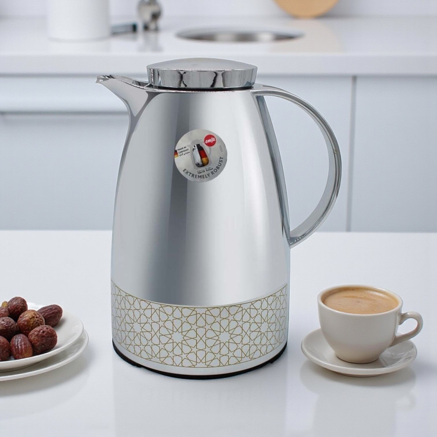 Emsa Auberge Chrome Thermal Carafe 1.0L – Stainless Steel Vacuum Jug with Glass Liner, Quick-Tip One-Hand Pouring, 100% Leak-Proof, 12H Heat / 24H Cold Retention, Elegant Chrome Finish - Damoo