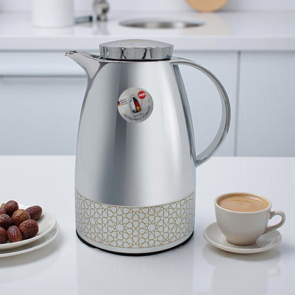 Emsa Auberge Chrome Thermal Carafe 1.0L – Stainless Steel Vacuum Jug with Glass Liner, Quick-Tip One-Hand Pouring, 100% Leak-Proof, 12H Heat / 24H Cold Retention, Elegant Chrome Finish - Damoo