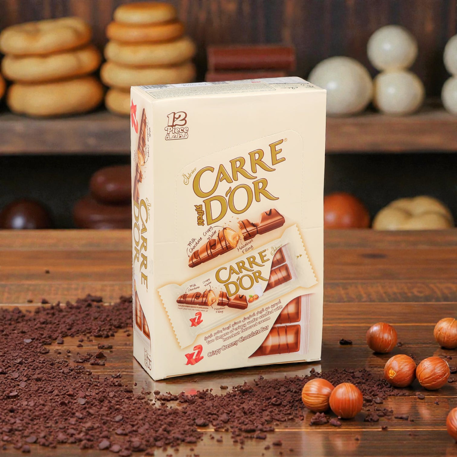 Carre D’Or Hazelnut Cream Chocolate Bar – Crispy Wafer with Milk Chocolate & Smooth Hazelnut Filling (2 Bars per Pack, 12 Pieces) - Damoo