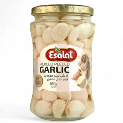Esalat Pickled Peeled Garlic, Authentic Iranian Whole Garlic Pickle, Crunchy Tangy Garlic Cloves for Health, Cooking, Salads & Mezze Platters – 680g Jar - Damoo