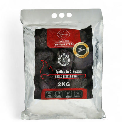 PASSAGE Premium BBQ Charcoal Briquettes – Fast Ignition in 3 Seconds, 120-Minute Burn, Eco-Friendly & Odor-Free, 2KG Pack