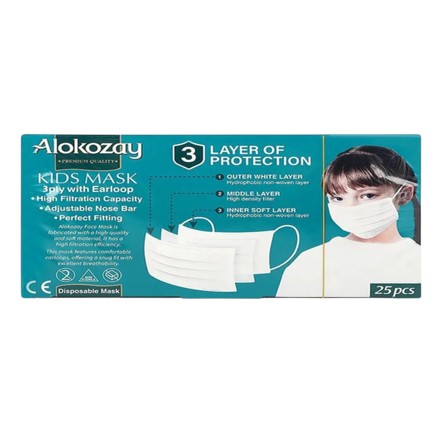 Alokozay Kids 3-Ply Disposable Face Masks – White, 25 Pieces | High Filtration with Adjustable Nose Bar & Soft Earloops - Damoo