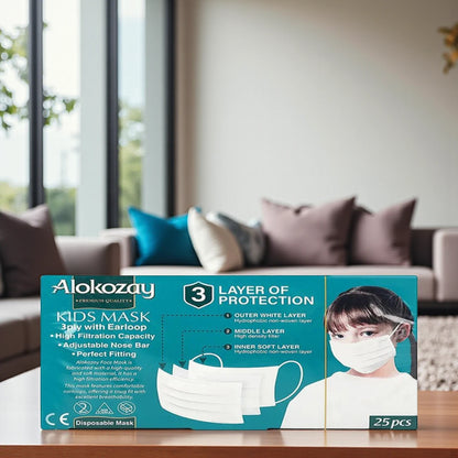 Alokozay Kids 3-Ply Disposable Face Masks – White, 25 Pieces | High Filtration with Adjustable Nose Bar & Soft Earloops - Damoo