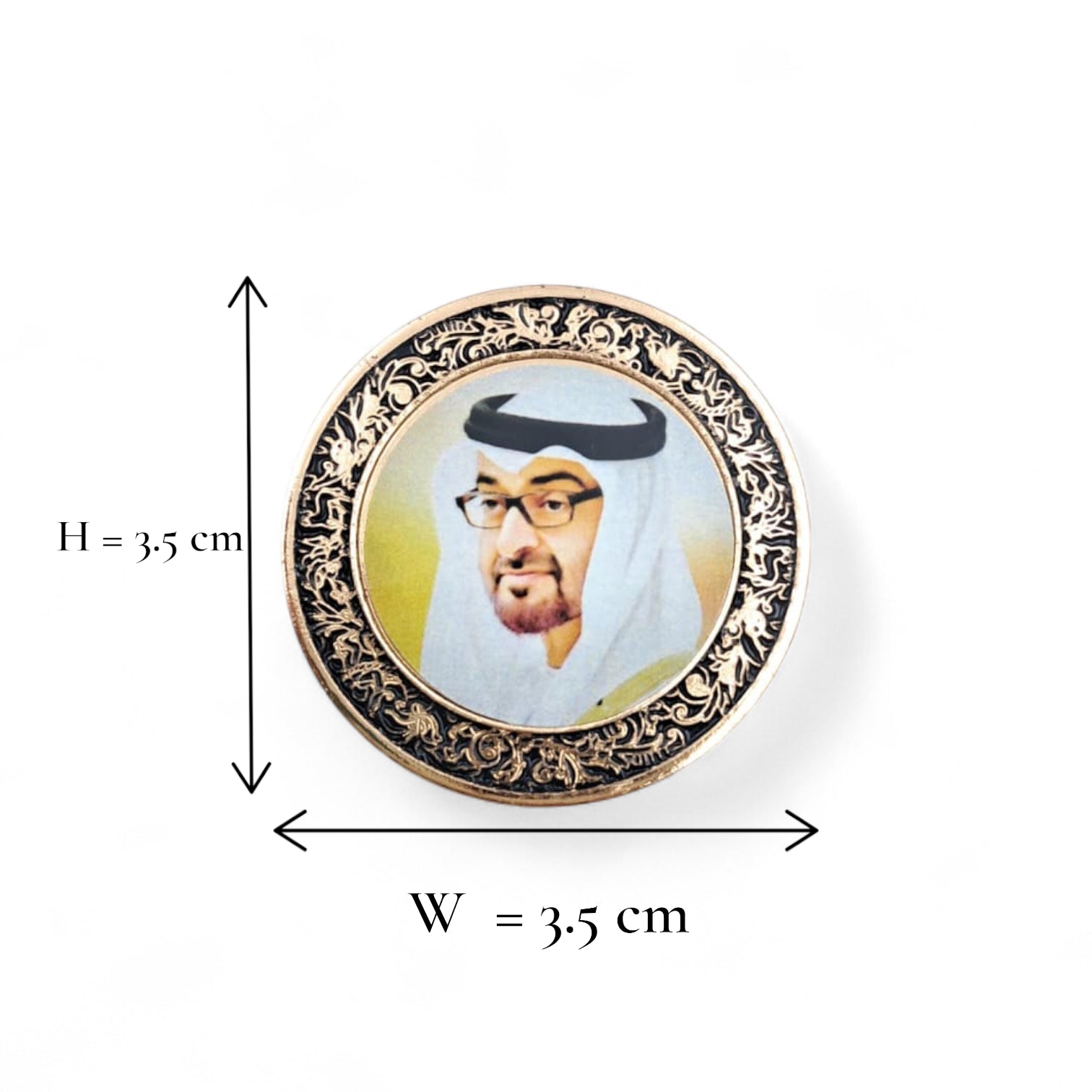 UAE Gold Round Magnetic Badge – Elegant Metal Pin with Portrait Design & Ornate Frame – Premium National Day Souvenir & Patriotic Gift (H3.5cm x W3.5cm) - Damoo