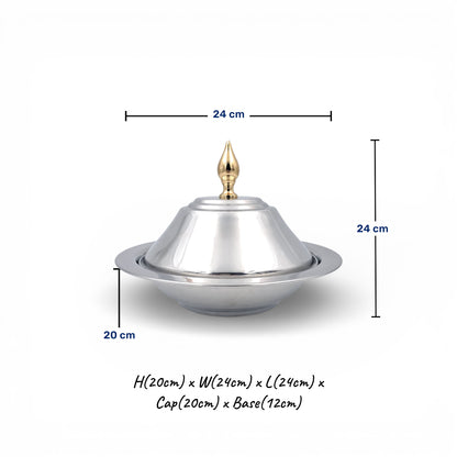 Praylady Marina Stainless Steel Serving Bowl With Gold Knob Lid – Luxury Date & Sweets Dish for Arabic Hospitality (20H x 24L × 24W CM) - Damoo