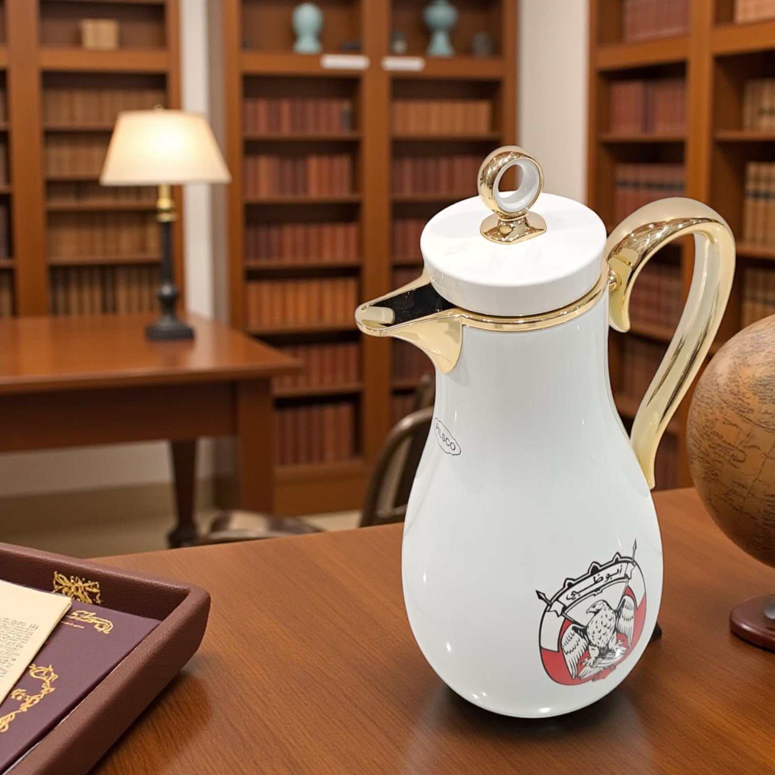 PILSCO Abu Dhabi Logo Vacuum Flask Set (1L + 0.7L) – White & Gold Arabic Coffee & Tea Thermos | Double Wall Insulated | Elegant UAE Emblem Design - Damoo