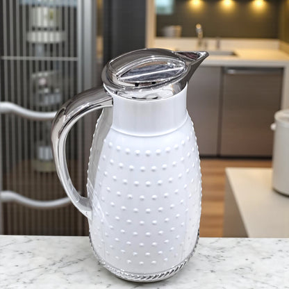 Ansa Premium White Insulated Thermos Flask – Elegant Dotted Design with Chrome or Gold Finish – 1L Vacuum Jug for Hot & Cold Beverages - Damoo