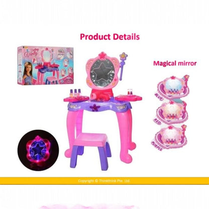 Princess Dressing Table Play Set with Chair, Mirror, Hair Dryer & Cosmetic Accessories – Battery Operated Light & Sound Effects | Interactive Pretend Play Toy for Kids
