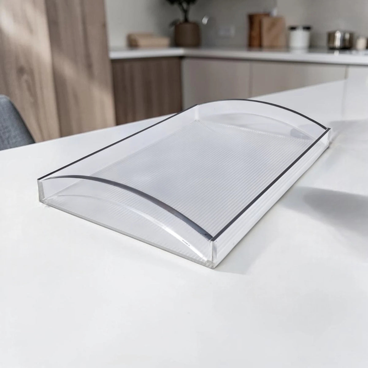 Modern Acrylic Serving Tray with Gold & Silver Arc Handles – Clear Ribbed Organizer Tray (6H x 40L x 27W CM) - Damoo