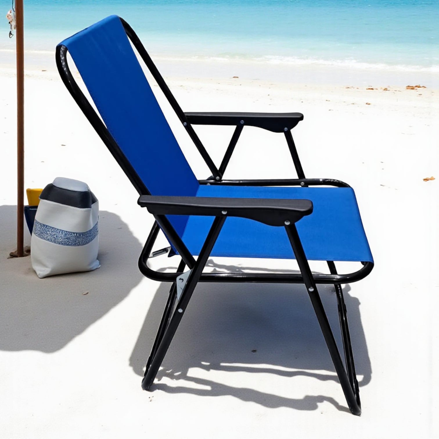 Striped Pattern Folding Beach Chair – Lightweight Portable Outdoor Sun Lounger with Armrests | Camping, Garden, Fishing & Picnic Deck Chair (Plain Blue)