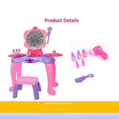 Princess Dressing Table Play Set with Chair, Mirror, Hair Dryer & Cosmetic Accessories – Battery Operated Light & Sound Effects | Interactive Pretend Play Toy for Kids