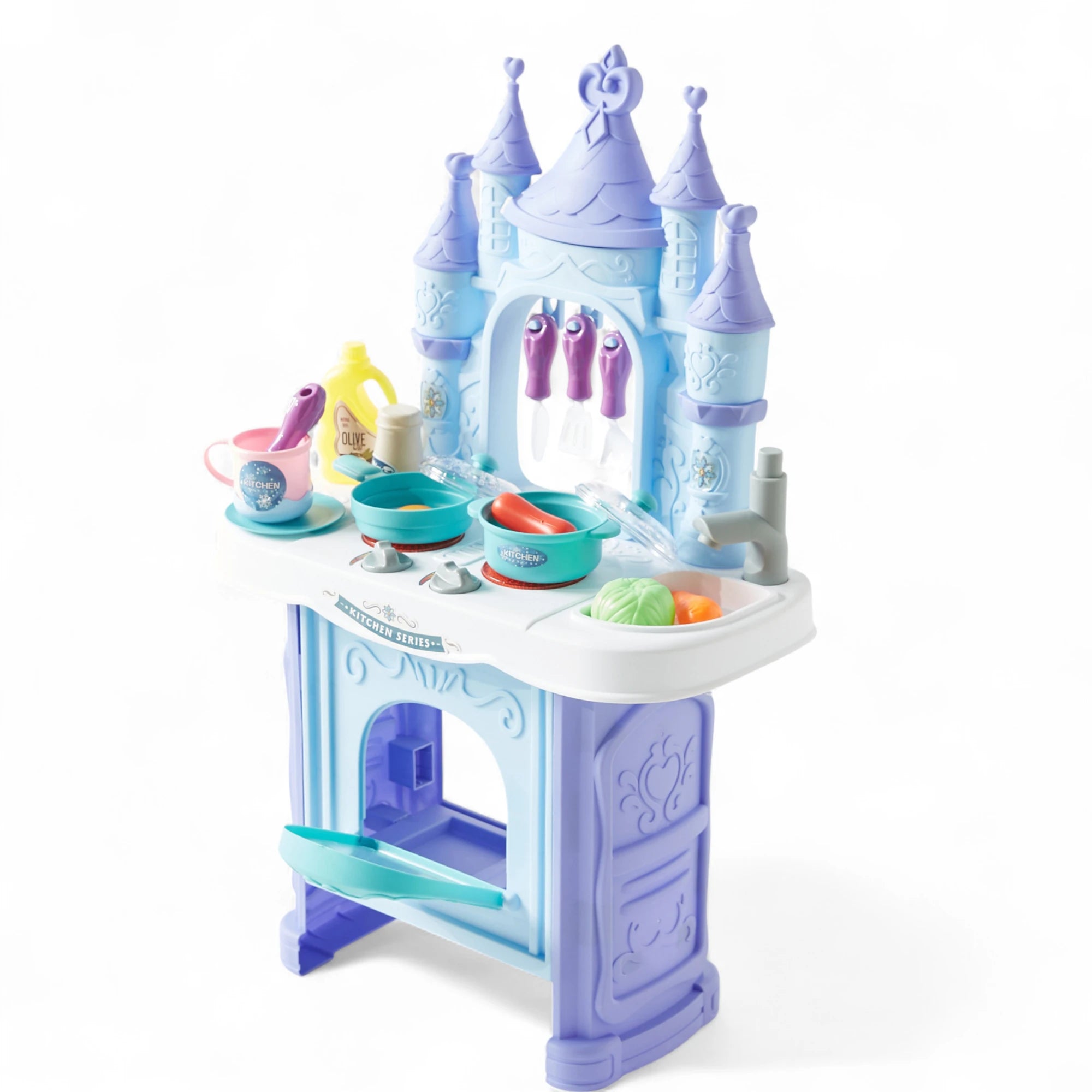 Shuang Qi Le Play House Kitchen Set  | 34PCS Castle Style Pretend Play Cooking Toy with Water Function, Lights & Music | Kids Role Play Kitchen Playset 3+