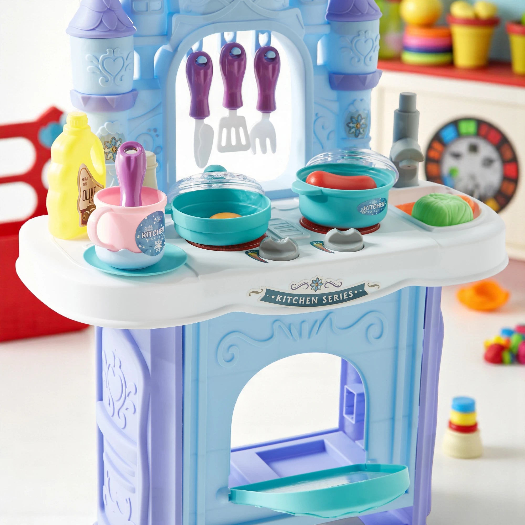 Shuang Qi Le Play House Kitchen Set  | 34PCS Castle Style Pretend Play Cooking Toy with Water Function, Lights & Music | Kids Role Play Kitchen Playset 3+