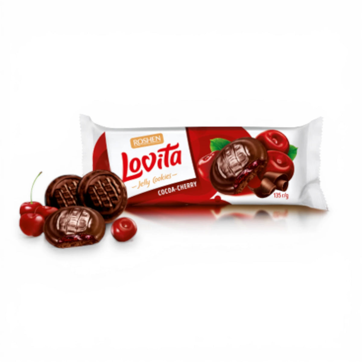 Roshen Lovita Cookies with Cherry Jelly Filling 135g (4.76 oz) – Cocoa Cookies with Sweet & Tart Cherry Center, Soft Biscuit Snack Treat - Damoo
