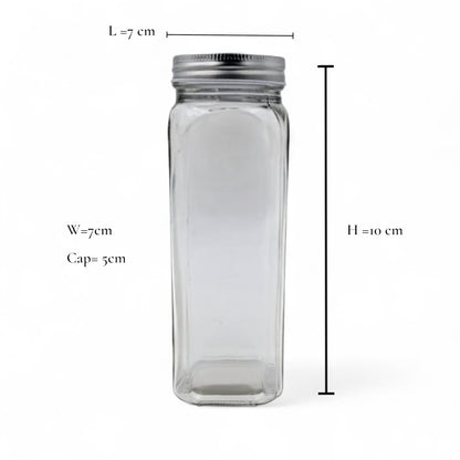 Lord & Lady Clear Glass Spice Jar with Stainless Steel Lid | Airtight Square Seasoning Container for Kitchen Storage | Modern Spice Organizer H(21.5cm) x W(7cm)