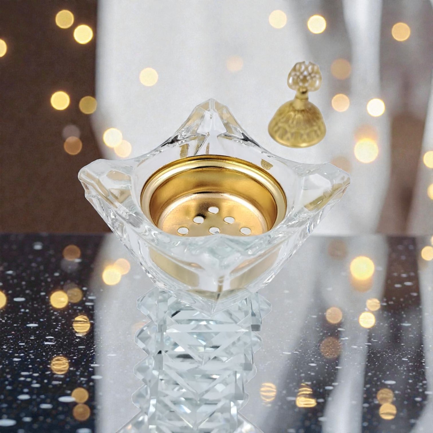 Luxury Crystal Mibkhara Incense Burner – Black or White Glass with Gold Lid, Decorative Bakhoor Burner for Home & Majlis (21H x 6L × 6W CM) - Damoo