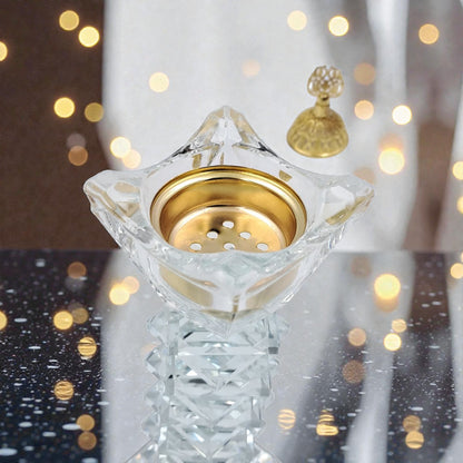 Luxury Crystal Mibkhara Incense Burner – Black or White Glass with Gold Lid, Decorative Bakhoor Burner for Home & Majlis (21H x 6L × 6W CM) - Damoo