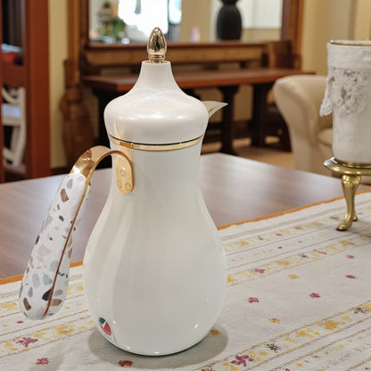 Najib Modern Style Vacuum Flask Set – 0.7L & 1.0L White Silver & White Gold Thermos Duo, Elegant Face Design, Double-Wall Insulated Jugs for Hot & Cold Beverages, Leak-Proof Lid & Ergonomic Handle - Damoo