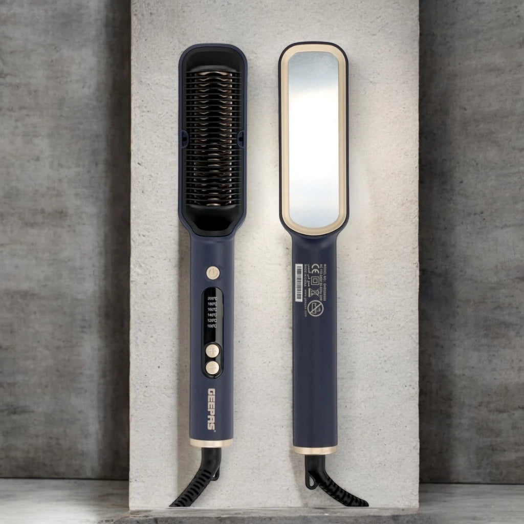 Geepas Ceramic Hair Straightening Brush – 30W, Digital Temperature Control, Fast Heating up to 200°C, Fine Bristles, Anti-Scald Protection, 360° Swivel Cord – Ideal for All Hair Types, Black - GHBS86088 - Damoo