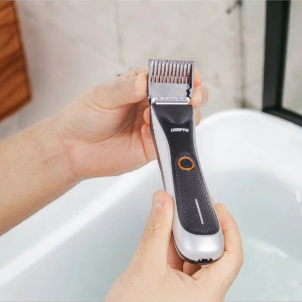 Geepas Professional Beard Trimmer for Men – Waterproof IPX5 Design, Dual Turbo Speed, LED Indicator & Light, Rechargeable 600mAh Battery, Stainless Steel Blades, Cordless Grooming Kit with Guide Combs – GTR56024N - Damoo